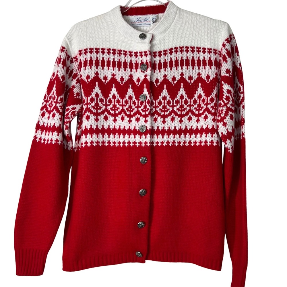 Vintage Christmas Red Jersild Cardigan Women Metal Buttons‎ 80s Sweater M